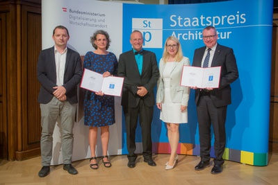 Arch. DI Erwin Stättner, Arch. DI Corinna Toell | Franz&Sue, LR Mag. Johannes Tratter, Tiroler Landesregierung, Bundesministerin Dr. Margarete Schramböck, Dir, PD Dr. Wolfgang Meighörner, Tiroler Landesmuseen