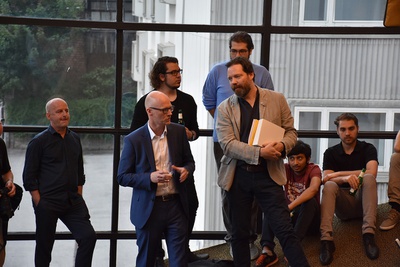 Ausstellungseröffnung "Snøhetta: Relations" mit Arno Ritter (Leiter aut), Jon Erik Strømø (Norwegische Botschaft Wien) und Patrick Lüth (Snøhetta Studio Innsbruck)