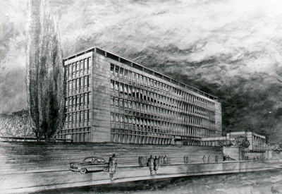 Karl Raimund Lorenz: Entwurf für die Neue Chemie der Technischen Hochschule Graz, 1955, Glasdiapositiv, Sammlung Karl Raimund Lorenz