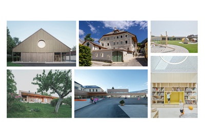 Oben v.l.: Haus der Vereine, Gamlitz © Emilian Hinteregger | Podenhaus, Bad Aussee © Christian Cavalcante dos Santos | Kindergarten Spenglergasse © David Schreyer | Ober&Spitz © Manuel Draschl | Volksschule Weißkirchen © Paul Ott | Kindergarten Spenglergasse © David Schreyer