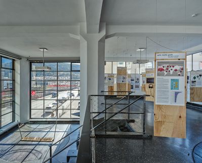 Blick in die Ausstellung im aut mit "Prototyp Soziale Hängematte" von Stefan Schlögl (Lounge) und Schilderdwald "geld macht raum" (Galerie)