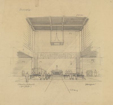 Ferdinand Schuster, Entwurfsskizze für den Altarraum der Pfarrkirche Kapfenberg Heilige Familie, Sammlung Ferdinand Schuster, Plänesammlung