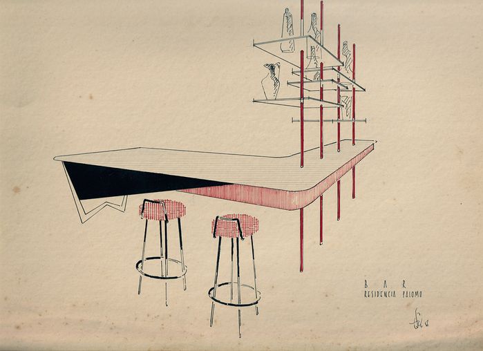 Skizze für Innenausstattung Residencia Paloma, Ehrentraut Schott, 1956