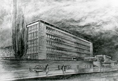 Karl Raimund Lorenz: Entwurf für die Neue Chemie der Technischen Hochschule Graz, 1955, Glasdiapositiv, Sammlung Karl Raimund Lorenz