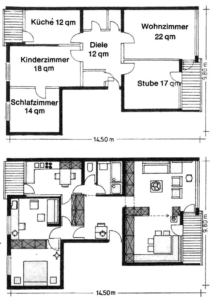 Grundriss Wohnung Prior, vor und nach der Adaptierung durch Egon Rainer, um 1972