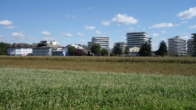 Blick vom Feld der Fachschule für Land- und Forstwirtschaft Grottenhof in Wetzelsdorf auf neue Wohnanlagen des gehobenen Segments. (Österreich ist „Europameister“ in der Versiegelung von Ackerland – während sich in der Innenstadt Urban Gardening stetig wachsender Beliebtheit erfreut.)